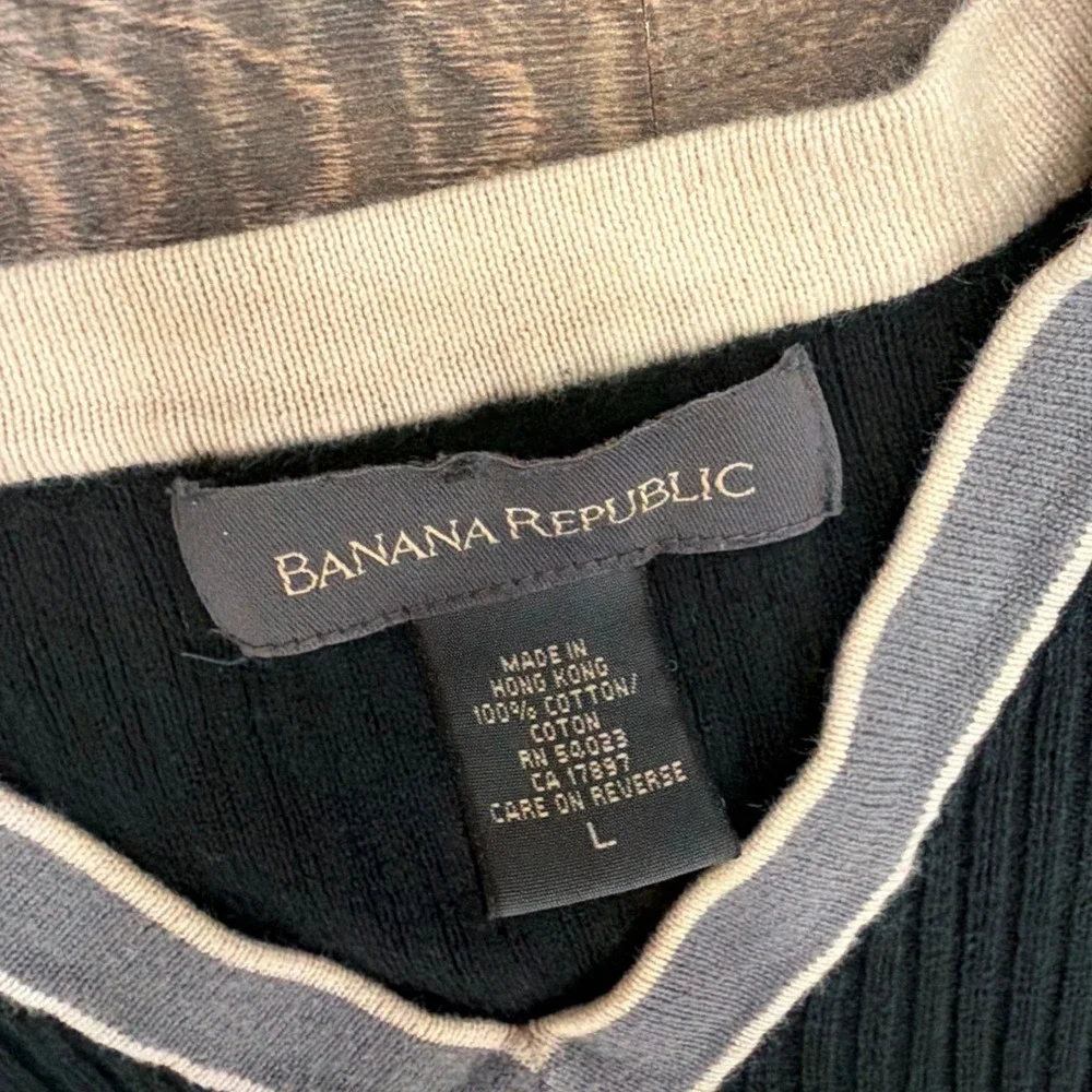 Banana Republic Mens V-Neck Ribbed Cotton Sweater Black Grey Tipping Large
